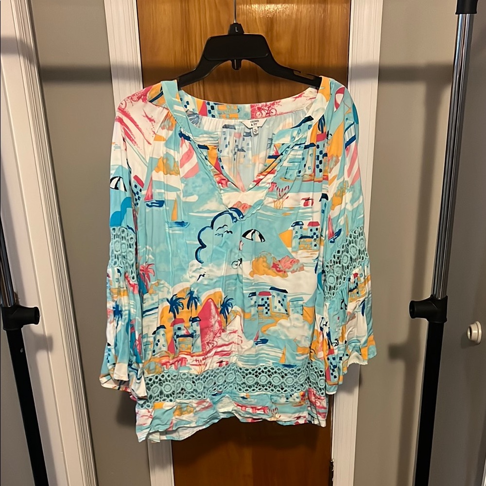 Crown & Ivy Vibrant Coastal Print Blouse